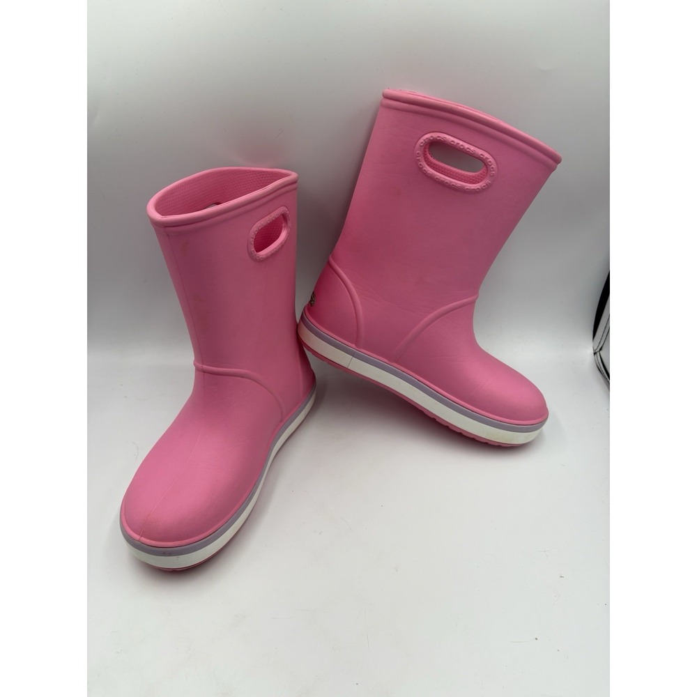 Crocs Crocband Rain Boot Pink Round Toe Kids Waterproof Boots Girls Size J 2 - Picture 5 of 13